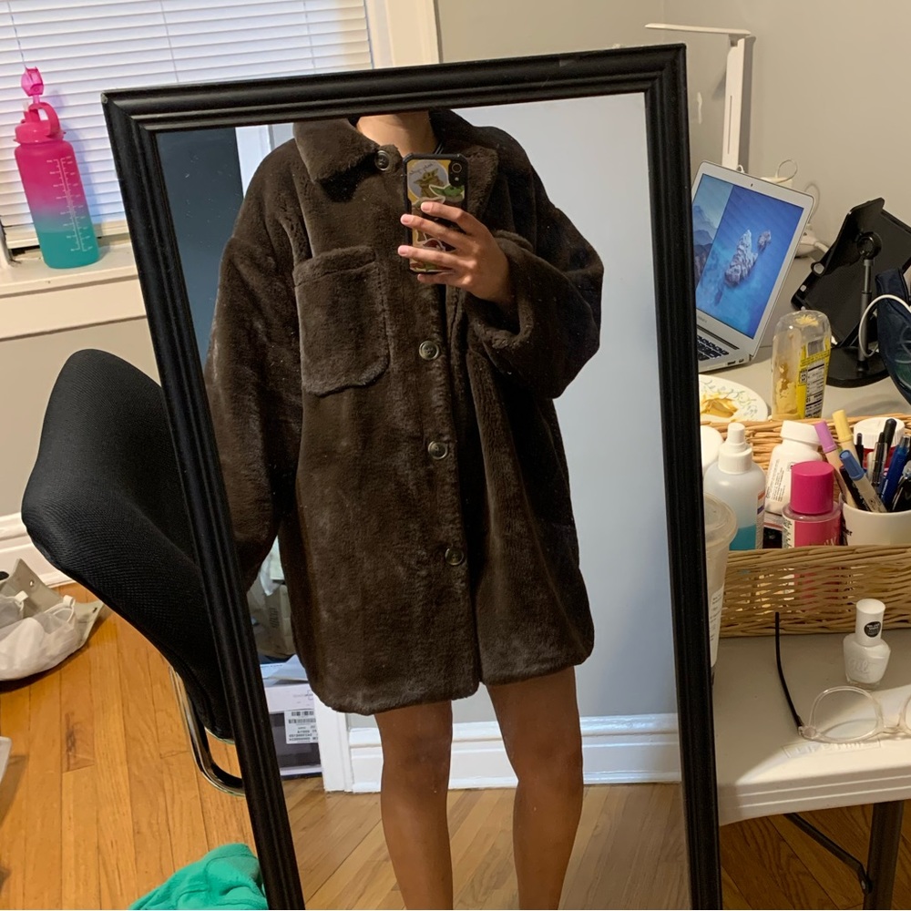 Oversized espresso coloured faux fur coat